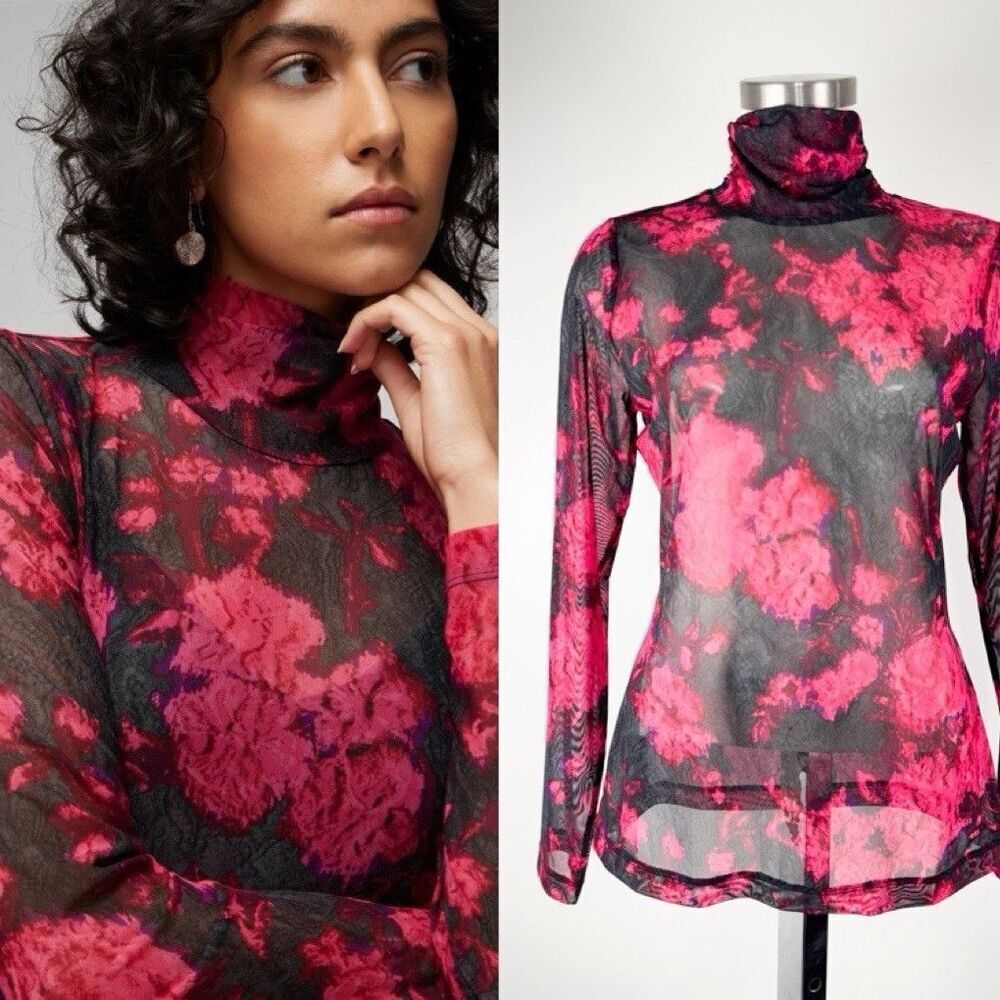 White House Black Market Pink Black LS Mesh Turtleneck Size Small Sheer